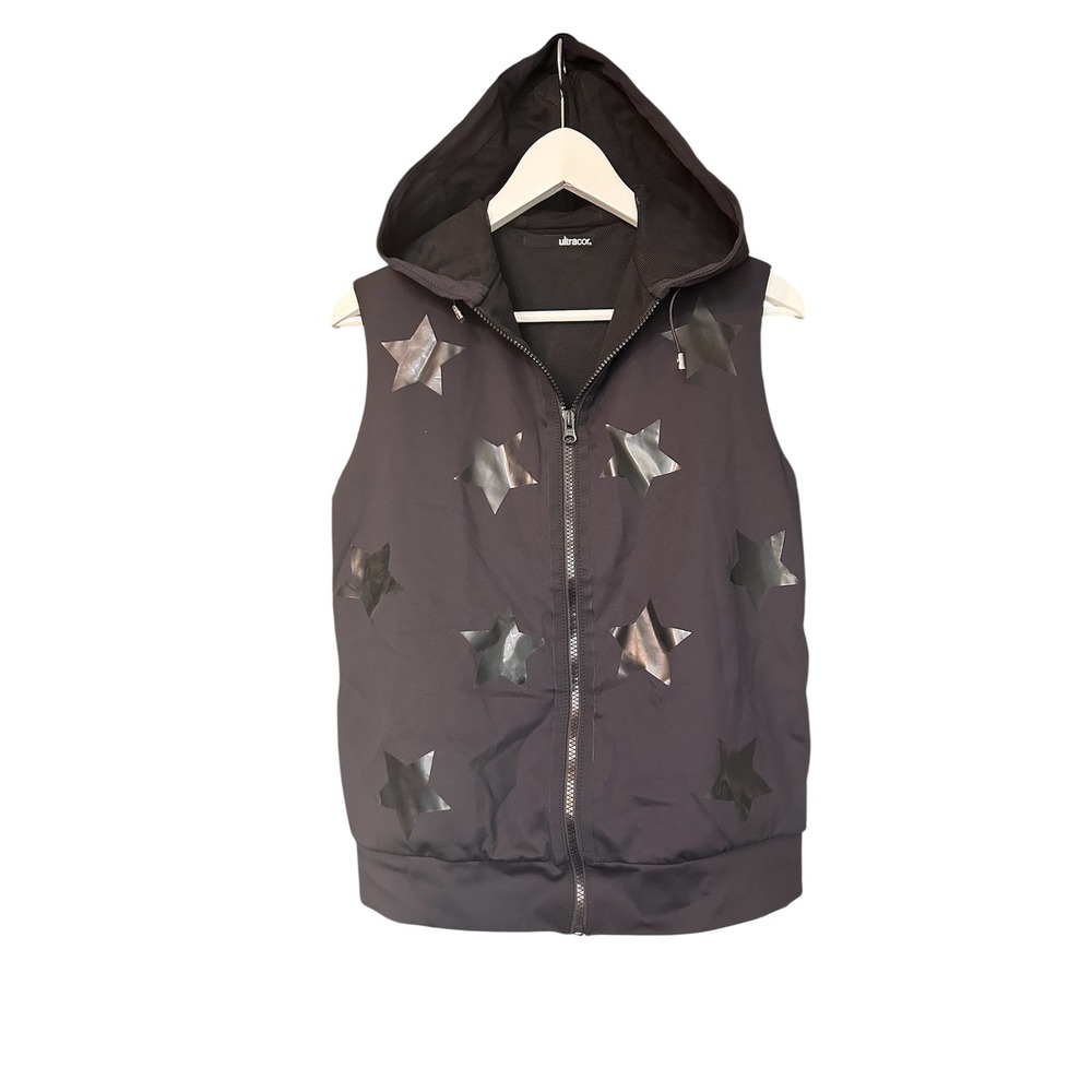 Ultracor Womens Black Star Print Hooded Sleeveless Full Zip Vest Size S USA Made - Picture 1 of 8